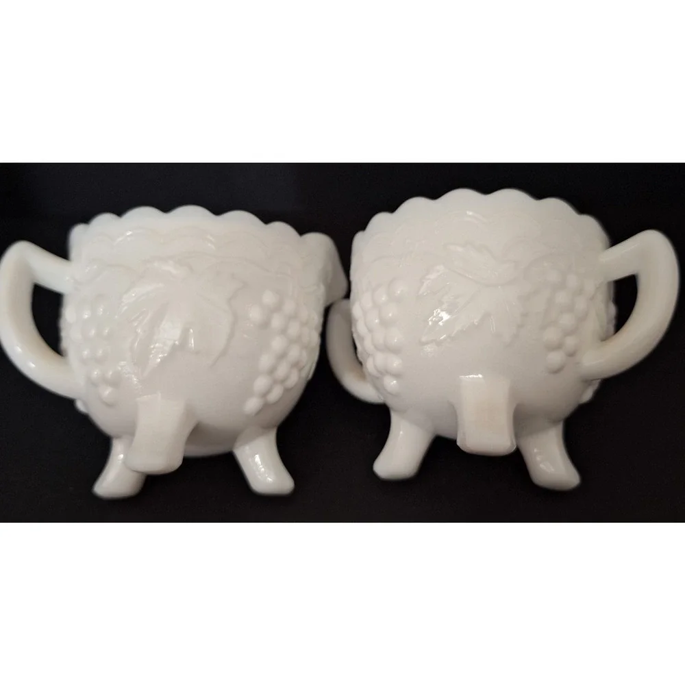Vintage Imperial Milk Glass Grape & Leaf 3 Toed Open Sugar and Creamer